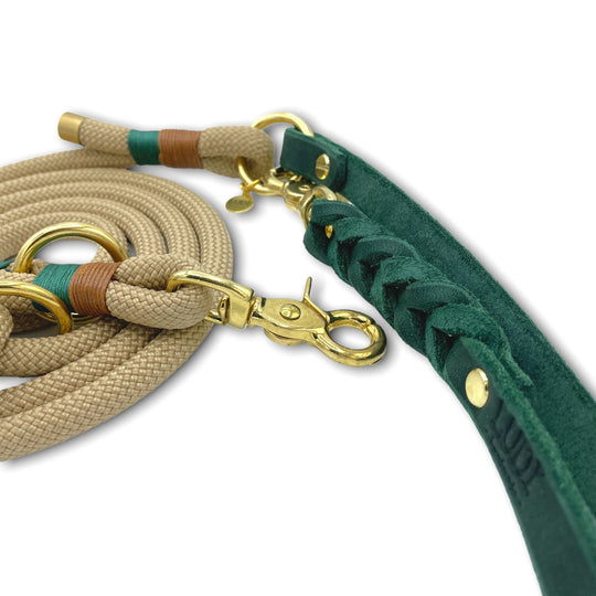 Schöne und schicke Paracord Leine und Halsband aus Leder, handgefertigt und robust, in beige und grün, nahaufnahme